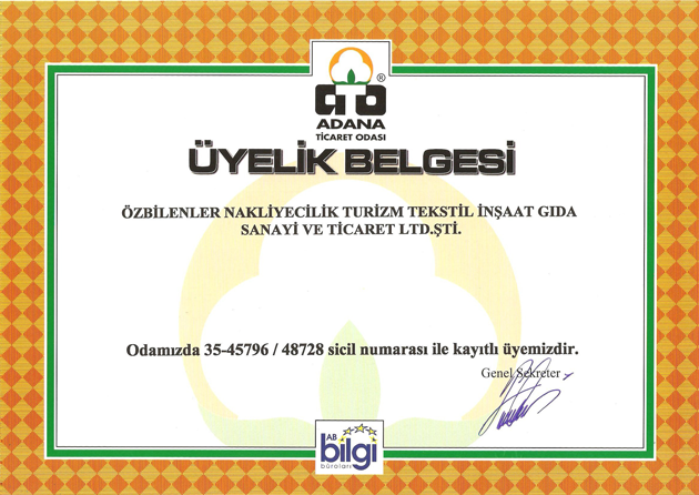 ADANA TİCARET ODASI ÜYELİK BELGESİ